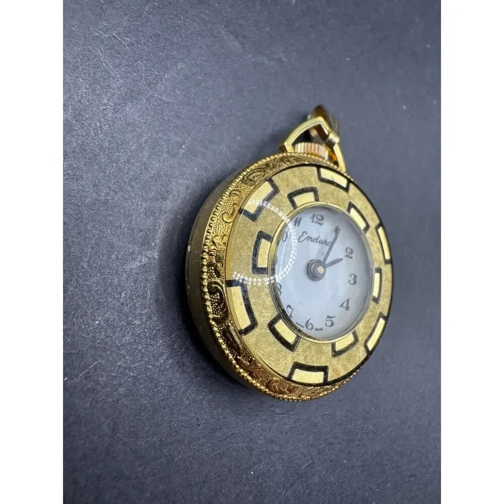 Vintage Endura Pendant Pocket Watch With Black Accent Swiss Made White Dial